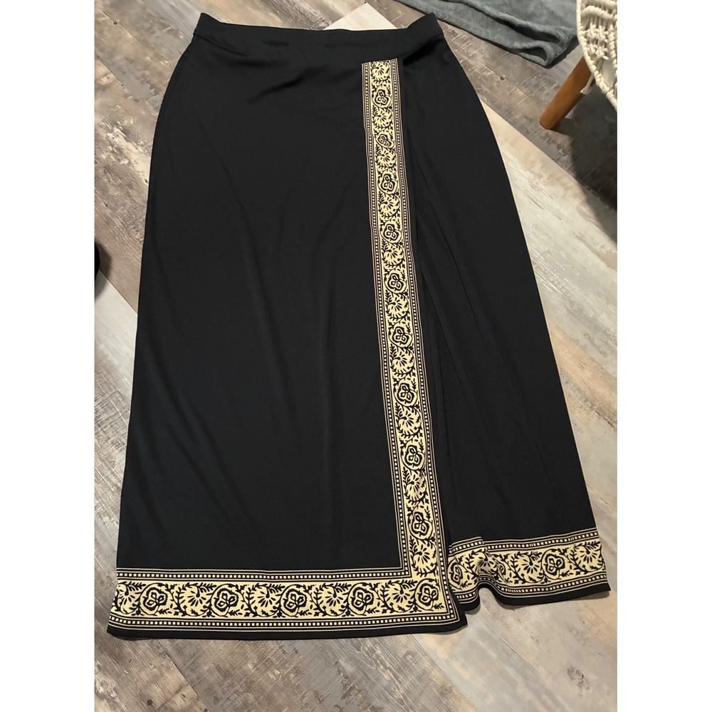 Casual Corner Black Cream Floral Border Print Maxi Skirt XL Mock Wrap Slit